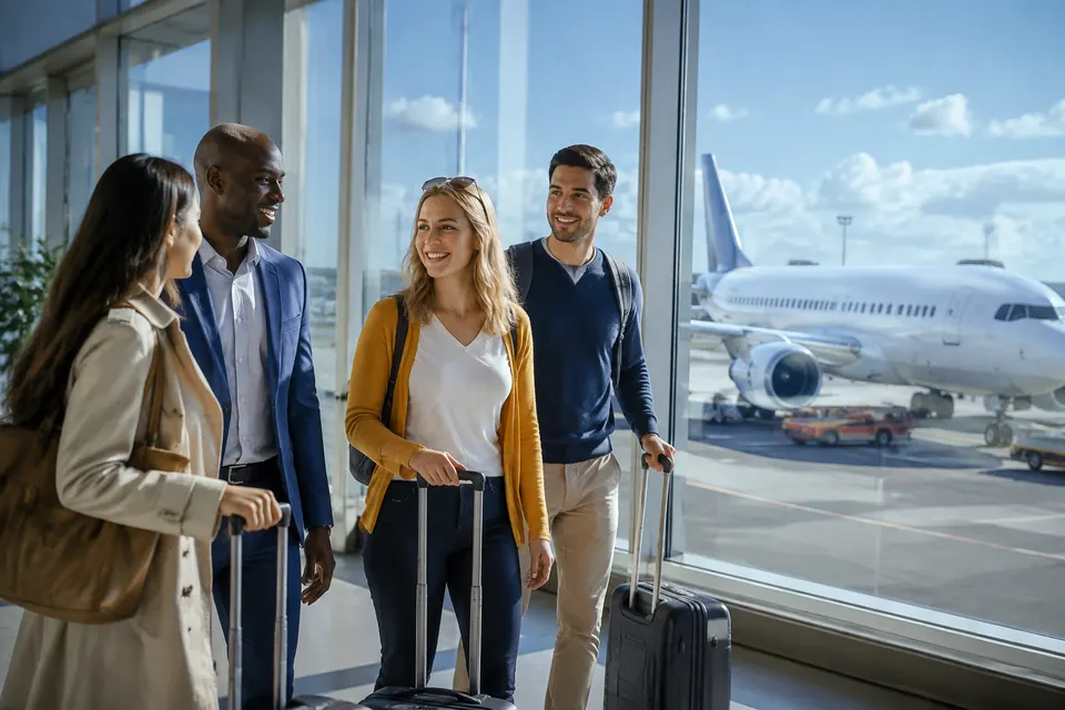 Viaggiatori in aeroporto accanto a un aereo