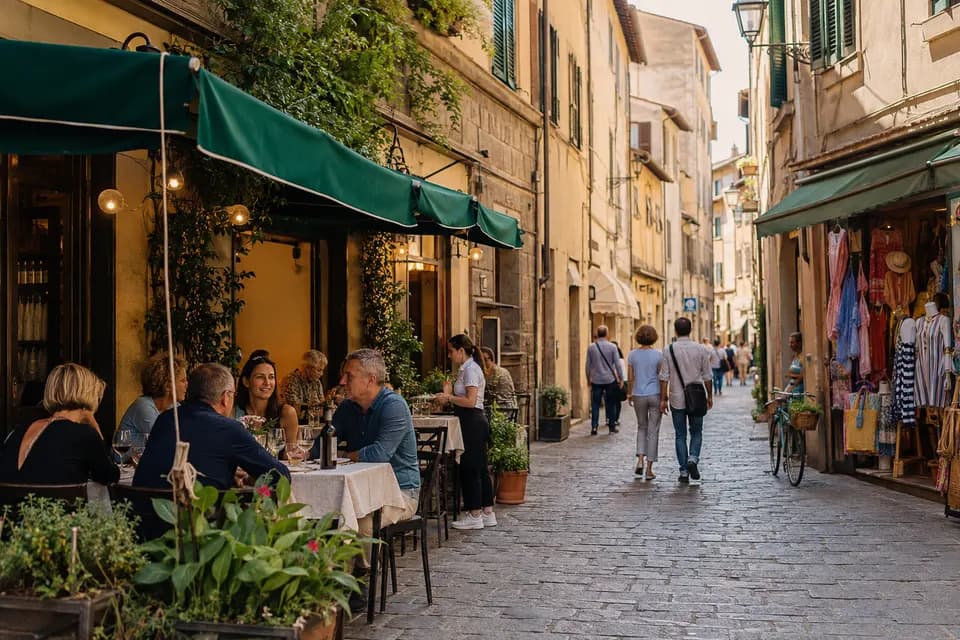 Strada italiana con ristorante, negozi e piccole attività