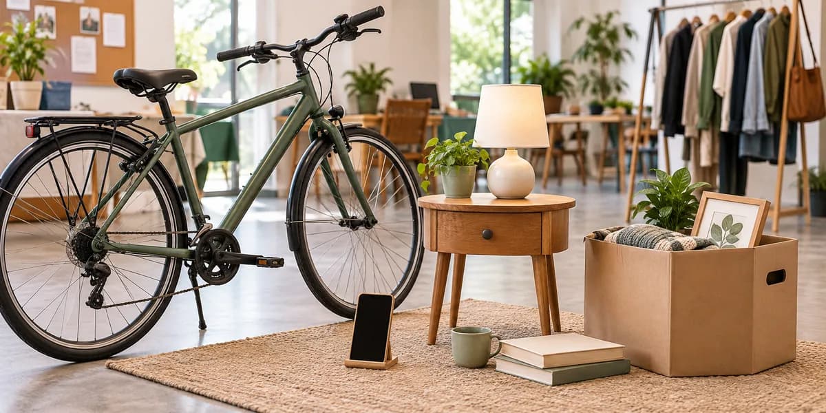 Bicicletta, smartphone, lampada e oggetti per la casa in un mercatino tra privati